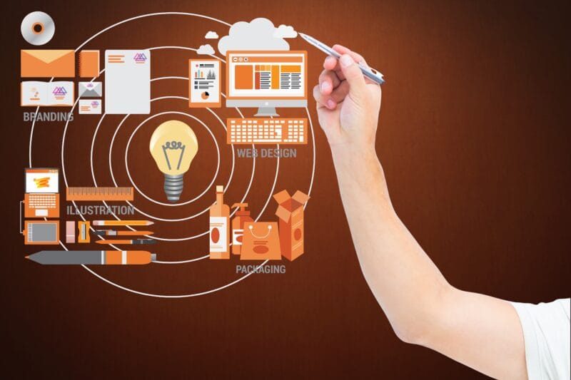 composite of hand drawing design graphics - Agência de Marketing Sorocaba XMB